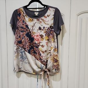 Elegant Floral Patchwork Tie-Front Blouse